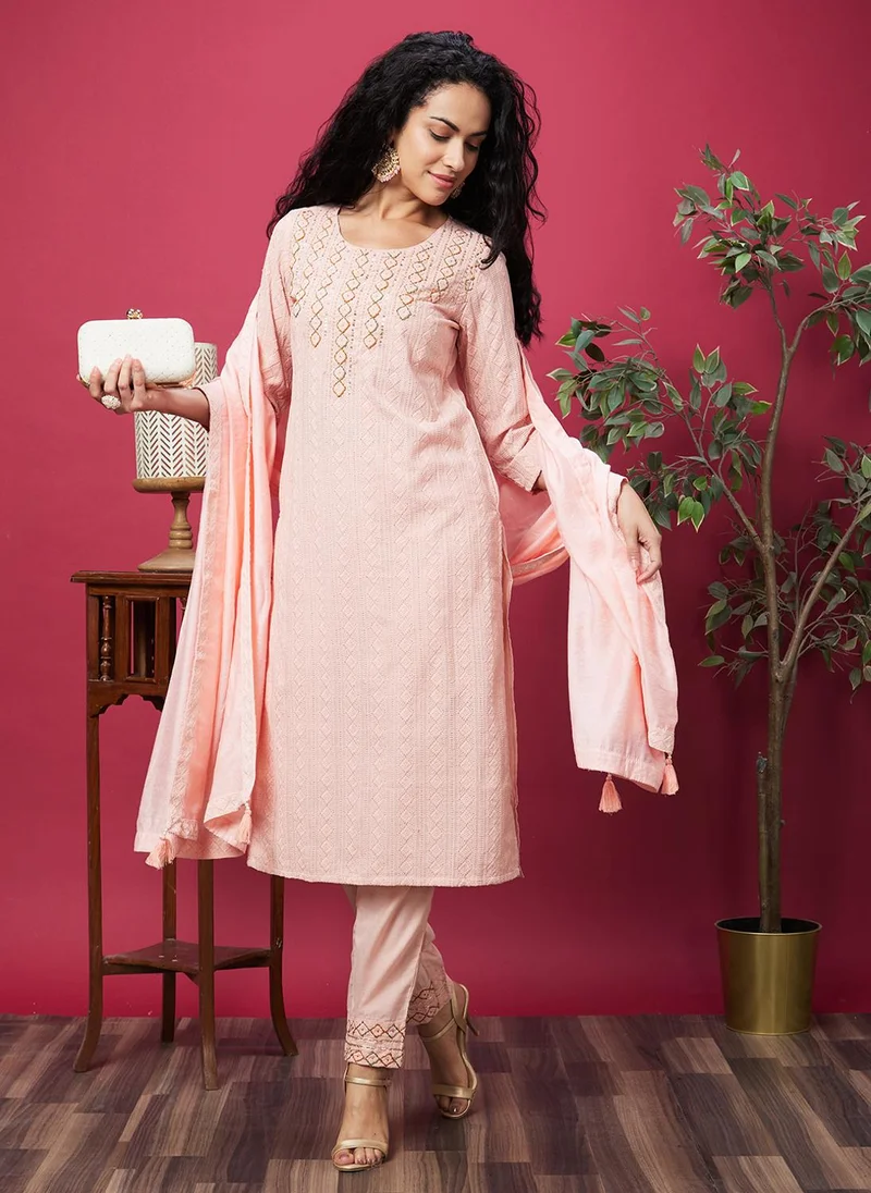 جلو باص Globus Women Ethnic Motifs Embroidered Thread Work Pure Cotton Kurta With Trousers & Dupatta Festive Set